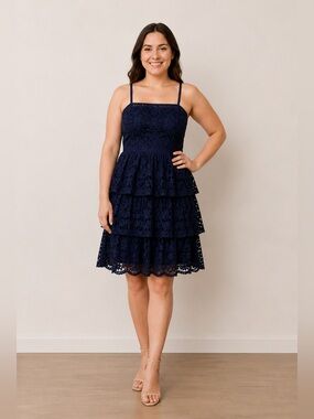 Chi Chi London Navy Floral Lace Tiered Knee Length Dress US 10 NWOT